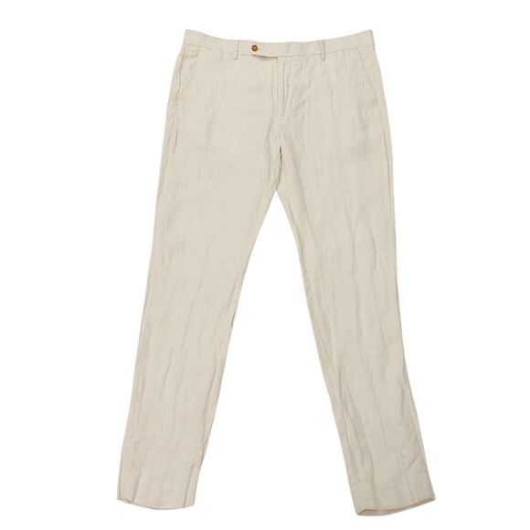 MNG by Mango Pants Mens 36x33 Beige 100% Linen Tailored Flat Front Travel Beach - Picture 1 of 13